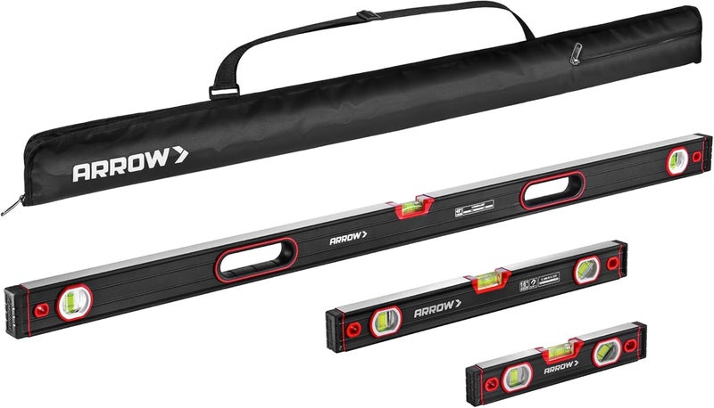 Arrow Fastener مجموعة مستوى الروح ARROW 3 قطع تتضمن مستوى 9"/16"/48" مع فقاعات 45°/90°/180°، حقيبة حمل، هيكل من سبائك الألمنيوم، قاعدة مصنوعة بدقة وأغطية مطاطية مقاومة للصدمات للبناء، النجارة - Image 1